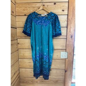 Sante Blue Teal Cotton Gauze Floral Batik Muumuu Dress Pockets Large NWT